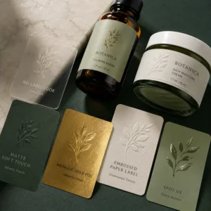 Cosmetic Label Finishing Options | SZKAYU Packaging Cosmetic label finishing options including clear film foil embossing and spot UV