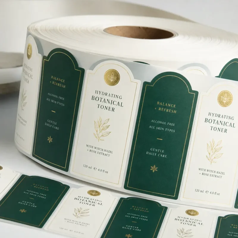 Custom Cosmetic Label Roll Printing | SZKAYU Packaging Custom cosmetic label roll with gold foil printing