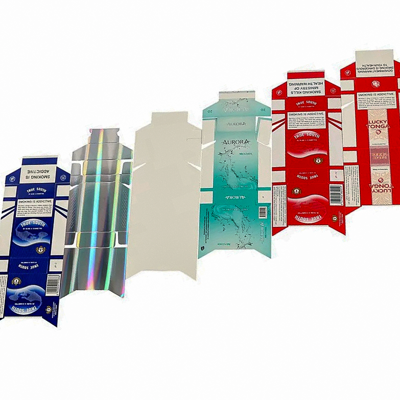 Custom Cigarette Box Materials and Finishes | SZKAYU Packaging Assorted printed cigarette box blanks with holographic finishes