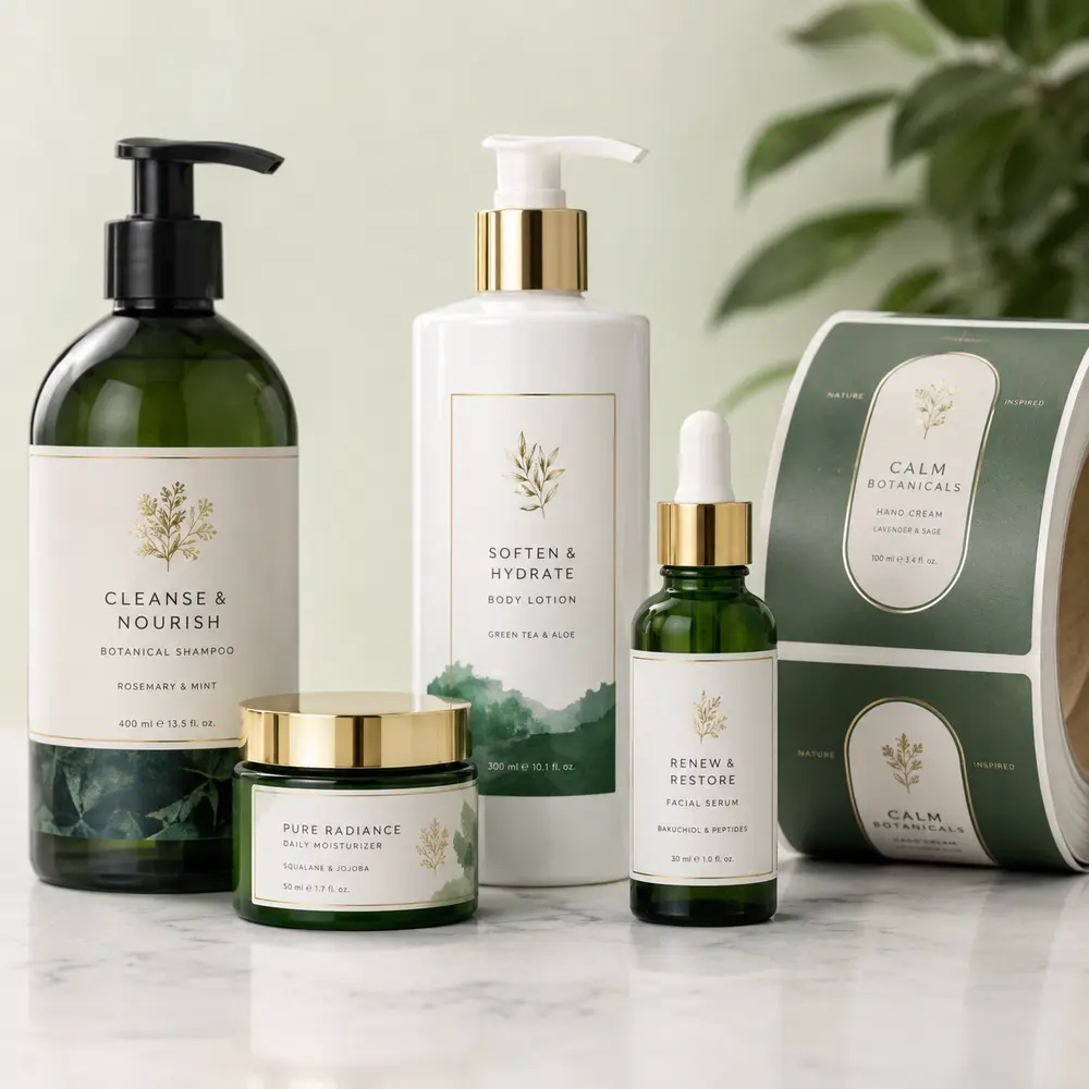 Etiquetas cosméticas personalizadas en frascos, envases y un rollo de etiquetas impresas