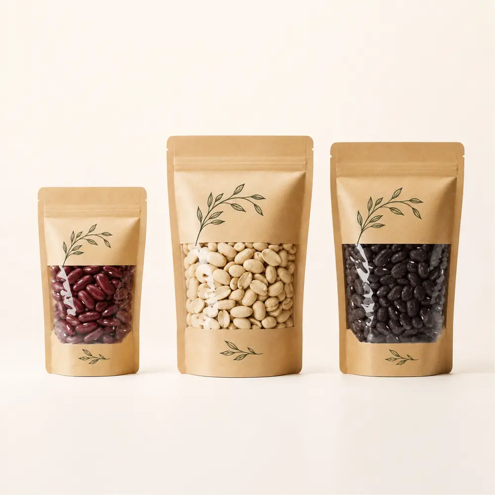 Three custom kraft paper stand up pouches with clear windows