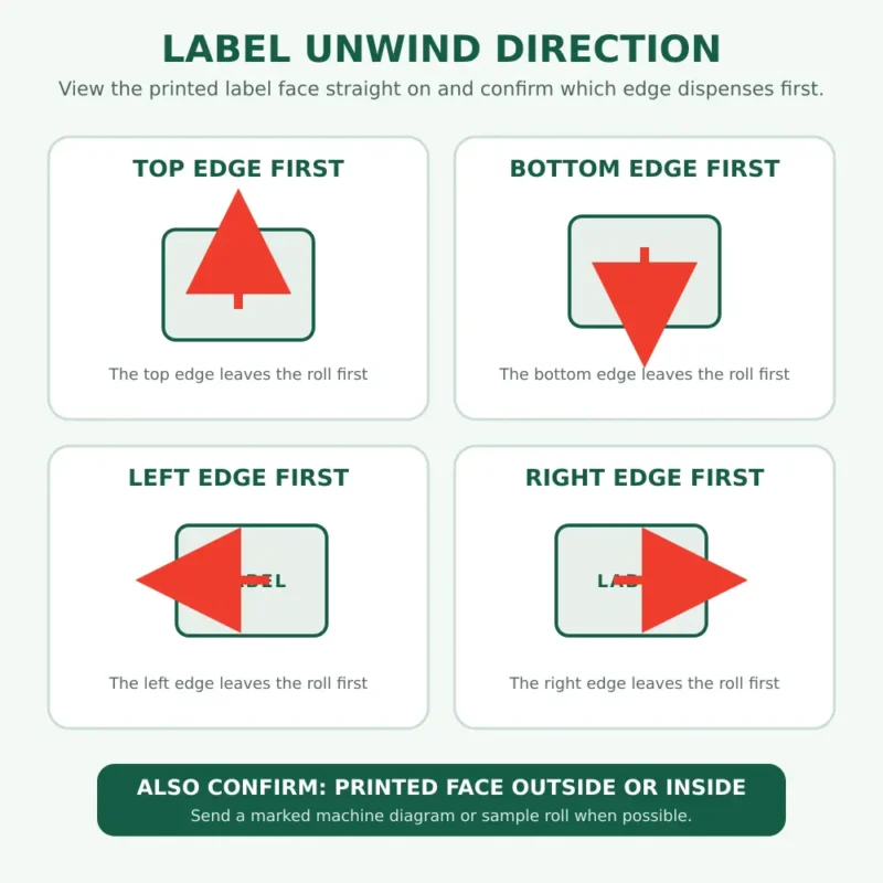 Custom Roll Label Unwind Directions | SZKAYU Packaging Custom roll label unwind directions showing top bottom left and right edge first