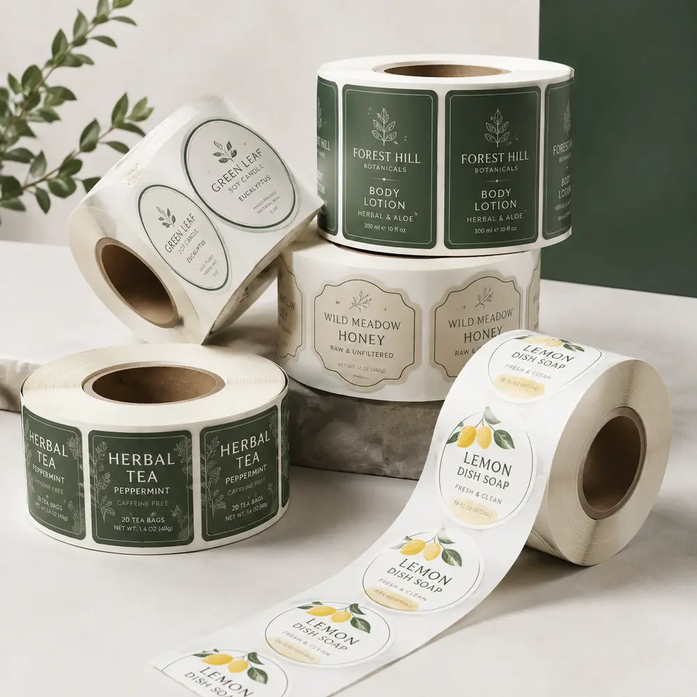 Custom roll labels supplied on rolls for product packaging