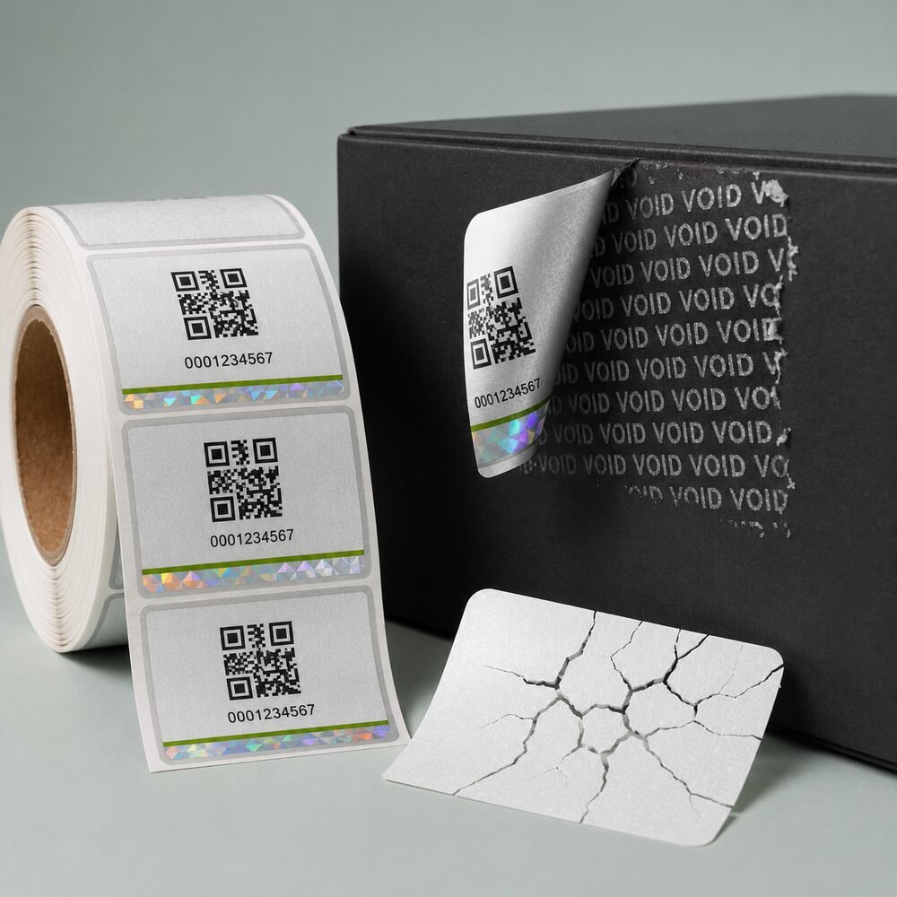 Custom tamper evident security labels with VOID residue and QR codes