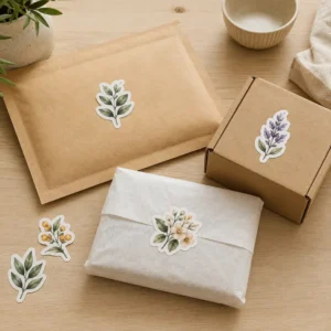Custom die cut stickers used on kraft product packaging