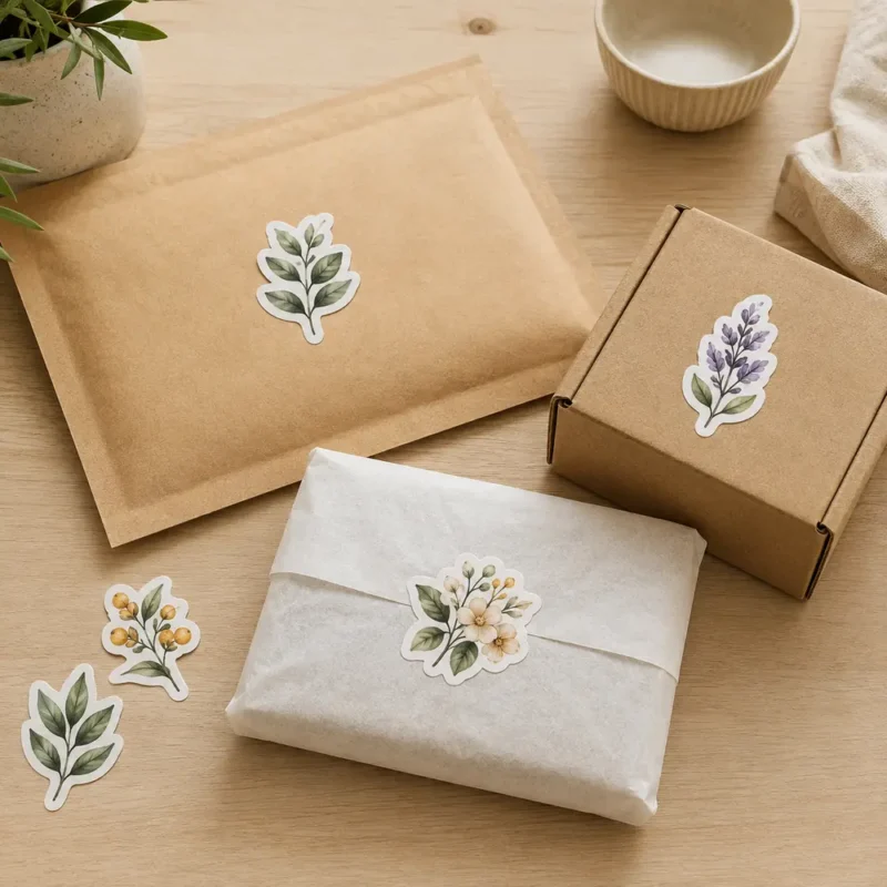 Custom die cut stickers used on kraft product packaging