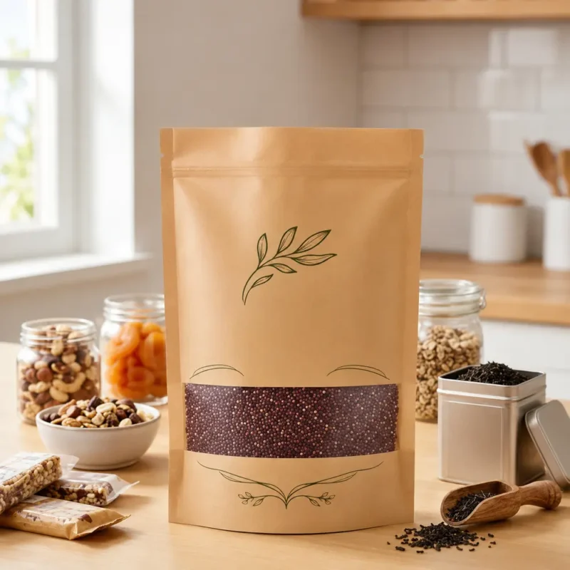 Túi đứng giấy kraft có cửa sổ trong suốt trong bối cảnh phòng bếp