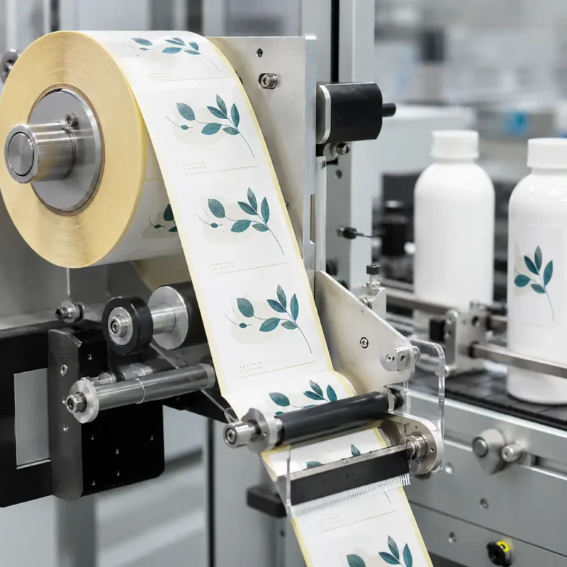 Roll Labels for Automatic Label Applicators | SZKAYU Packaging Custom roll labels feeding through an automatic label applicator
