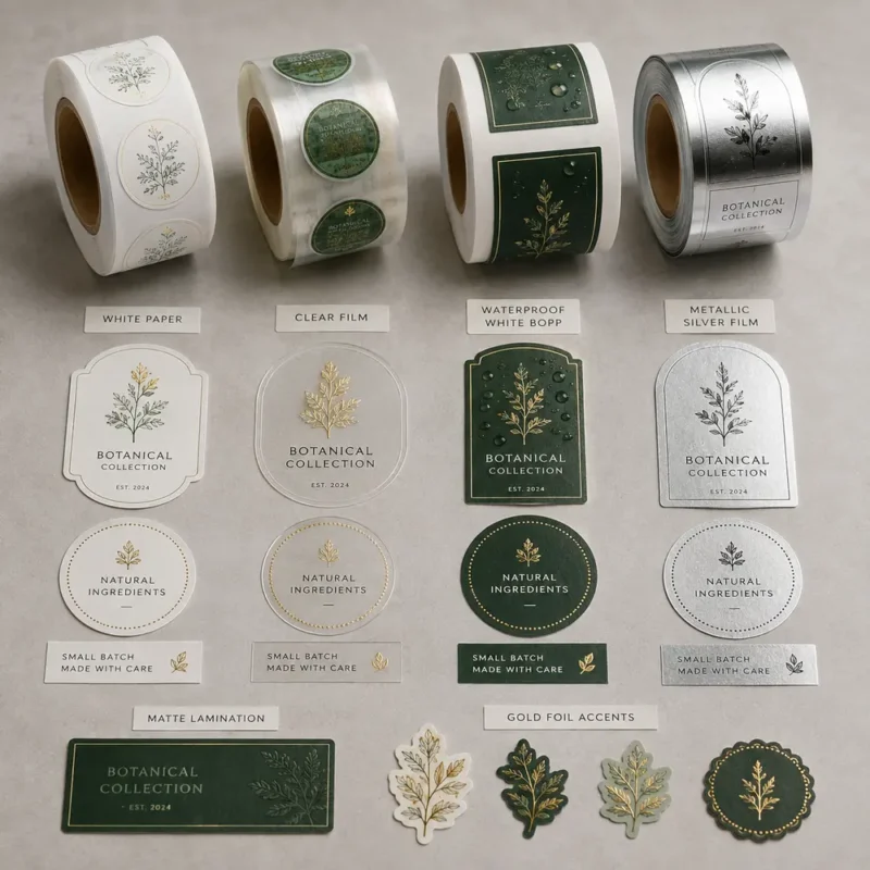 Custom Roll Label Materials and Finishes | SZKAYU Packaging Roll label materials including paper clear film BOPP and metallic film