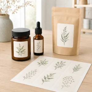 Sheet Label Applications | SZKAYU Packaging Custom sheet labels applied to jars bottles and kraft pouches