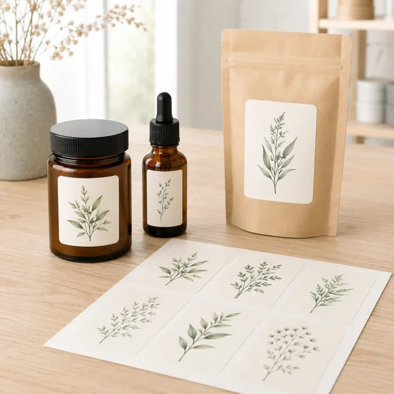 Sheet Label Applications | SZKAYU Packaging Custom sheet labels applied to jars bottles and kraft pouches