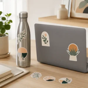 Custom vinyl die cut stickers applied to a reusable bottle and laptop